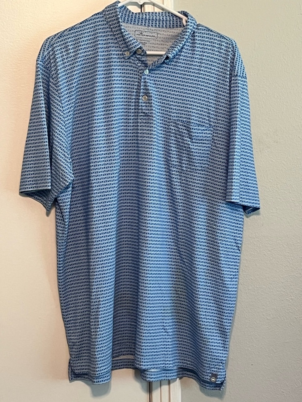Peter Millar Summer Comfort Blue Geometric Performance Polo Shirt Size XL EUC